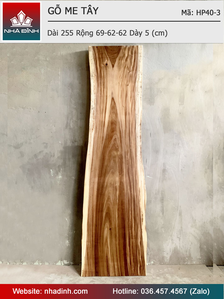 Mặt Bàn Gỗ Me Tây Nguyên Khối Dài 255 Rộng 69-62-62 Dày 5 (cm)