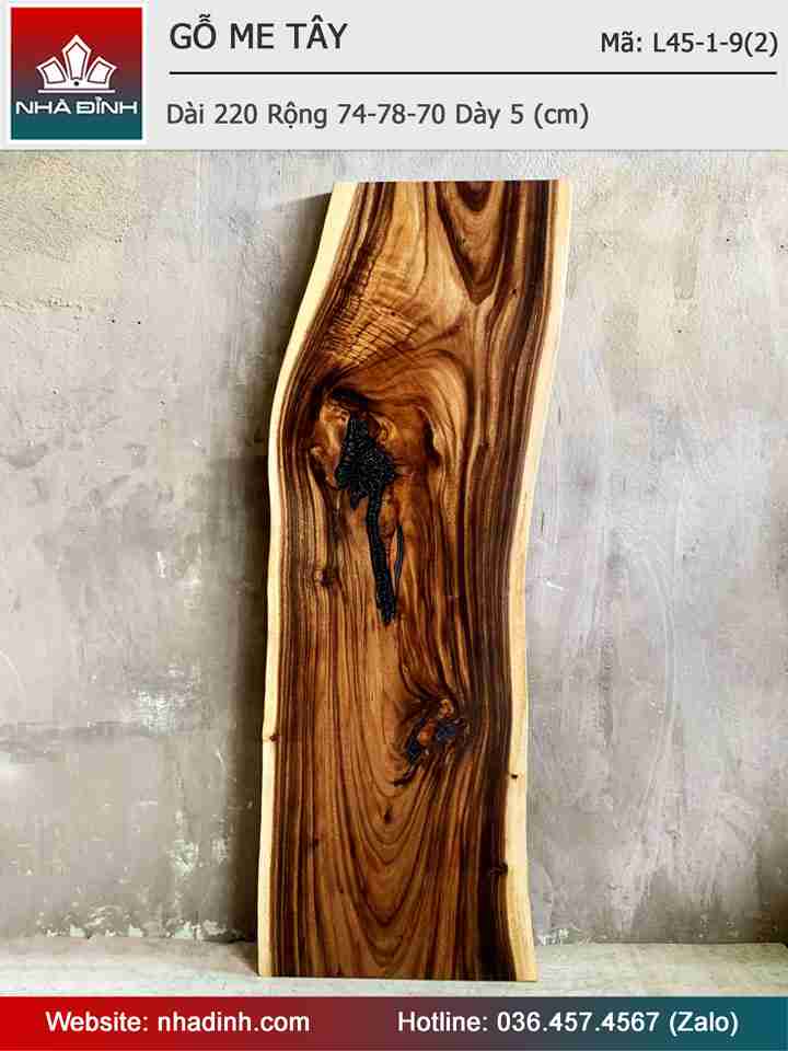 Mặt Bàn Gỗ Me Tây Nguyên Khối Dài 220 Rộng 74-78-70 Dày 5 (cm)