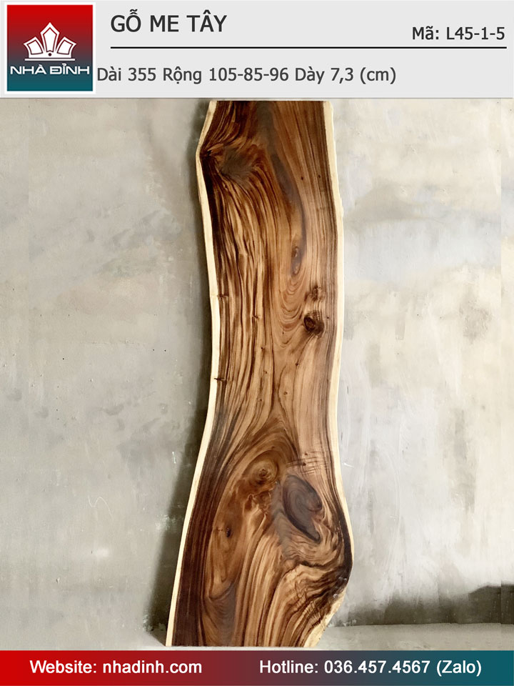Mặt Bàn Gỗ Me Tây Nguyên Khối Dài 355 Rộng 105-85-96 Dày 7,3 (cm)