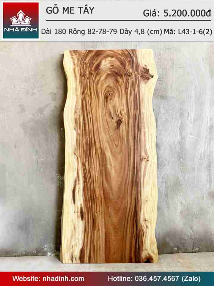 Mặt Bàn Gỗ Me Tây Nguyên Khối Dài 180 Rộng 82-78-79 Dày 4,8 (cm)