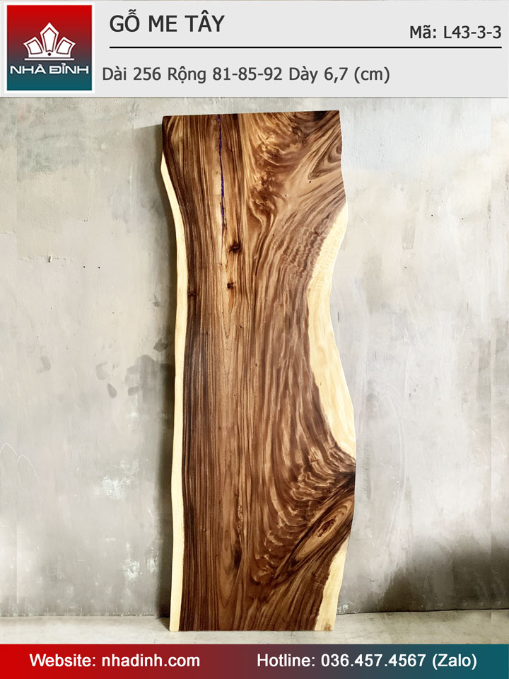 Mặt Bàn Gỗ Me Tây Nguyên Khối Dài 255 Rộng 81-85-92 Dày 6.7 (cm)