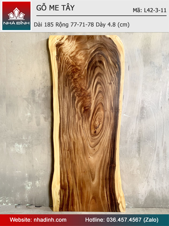 Mặt Bàn Gỗ Me Tây Nguyên Khối Dài 185 Rộng 77-71-78 Dày 4.8 (cm)
