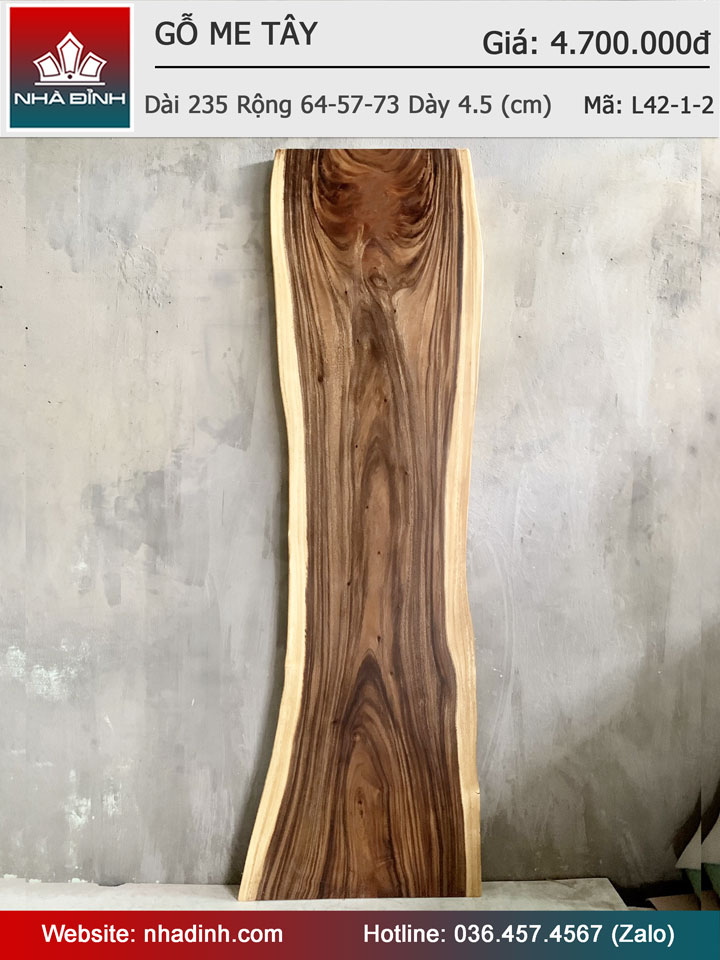 Mặt Bàn Gỗ Me Tây Nguyên Khối Dài 235 Rộng 64-57-73 Dày 4.5 (cm)