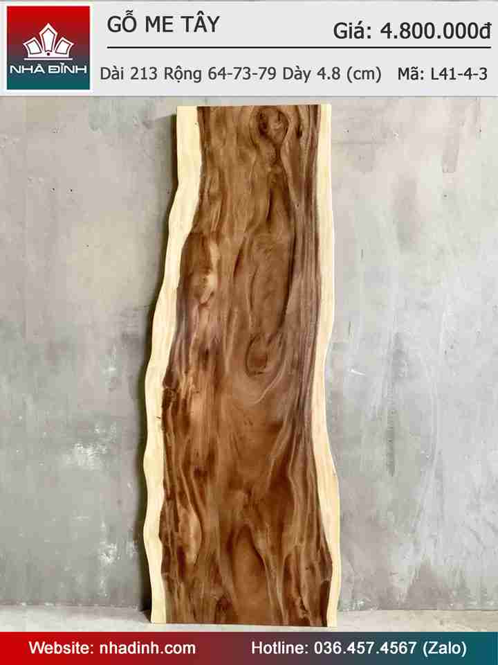 Mặt Bàn Gỗ Me Tây Nguyên Khối Dài 213 Rộng 64-73-79 Dày 4,8 (cm)