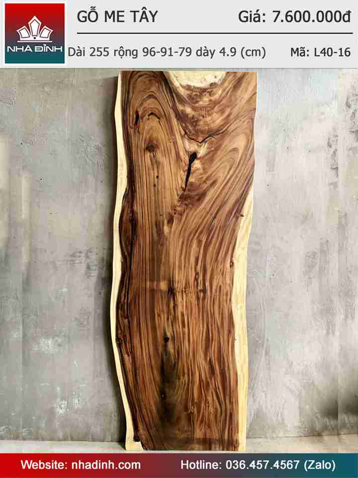 Mặt Bàn Gỗ Me Tây Nguyên Khối Dài 255 Rộng 96-91-79 Dày 4,9 (cm)