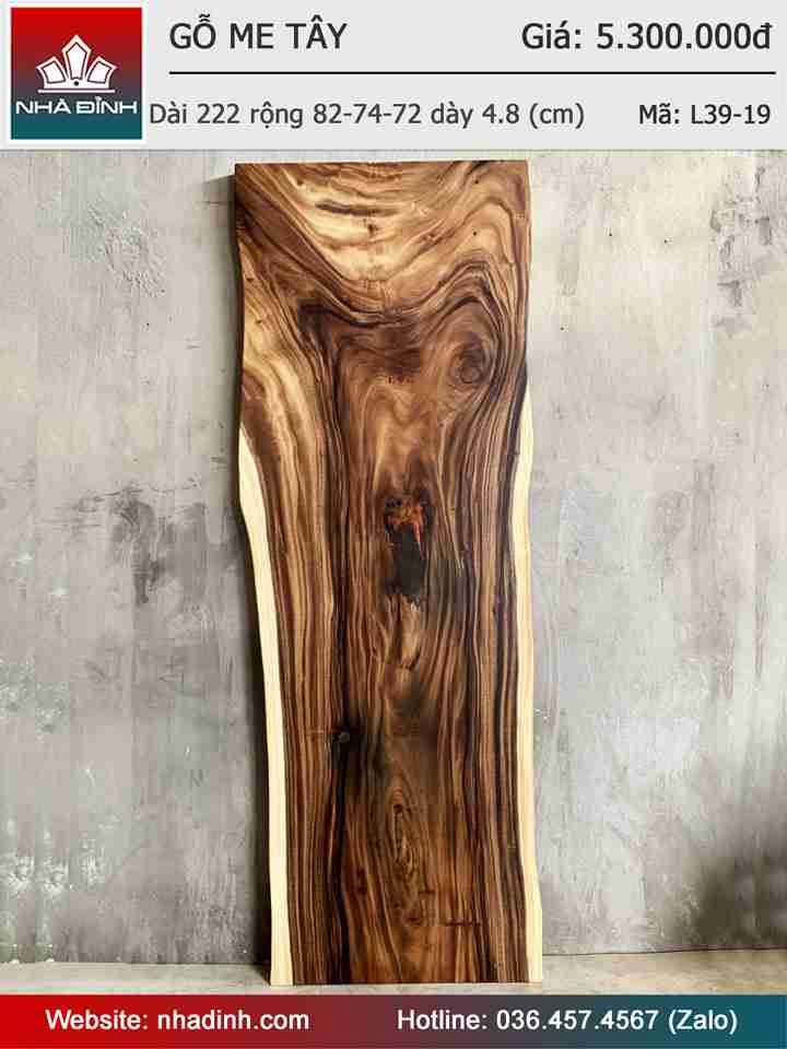 Mặt Bàn Gỗ Me Tây Nguyên Khối Dài 222 Rộng 82-74-72 Dày 4,8 (cm)