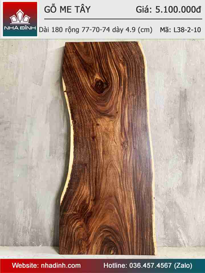 Mặt Bàn Gỗ Me Tây Nguyên Khối Dài 180 Rộng 77-70-74 Dày 4,9 (cm)