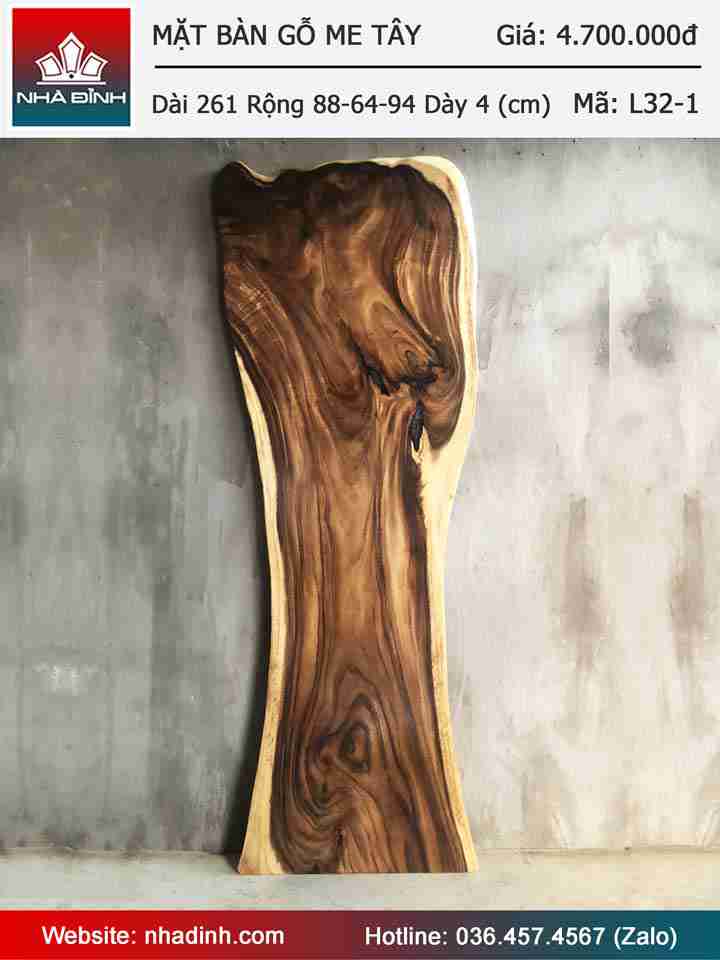 Mặt Bàn Gỗ Me Tây Nguyên Khối Dài 261 Rộng 88-64-94 Dày 4 (cm)