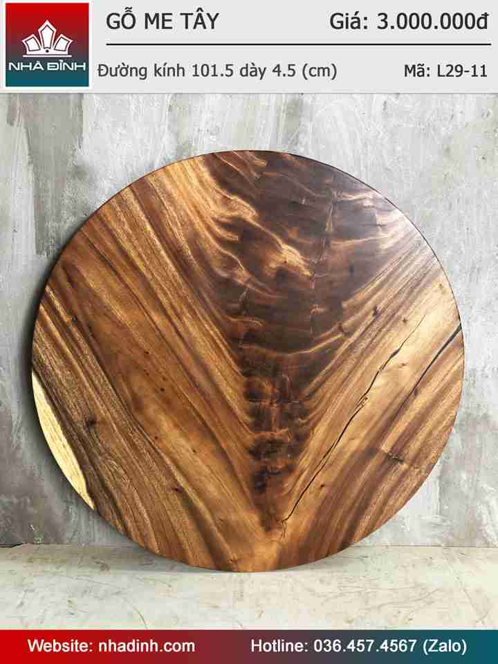 Mặt Bàn Tròn Gỗ Me Tây Nguyên Khối Đường Kính 101.5 Dày 4.5 (cm)