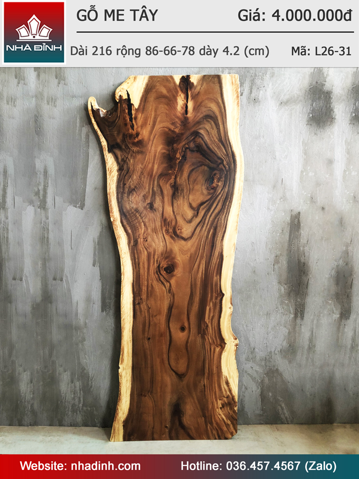 Mặt Bàn Gỗ Me Tây Dài 216 Rộng 86-66-78 Dày 4.2 (cm)