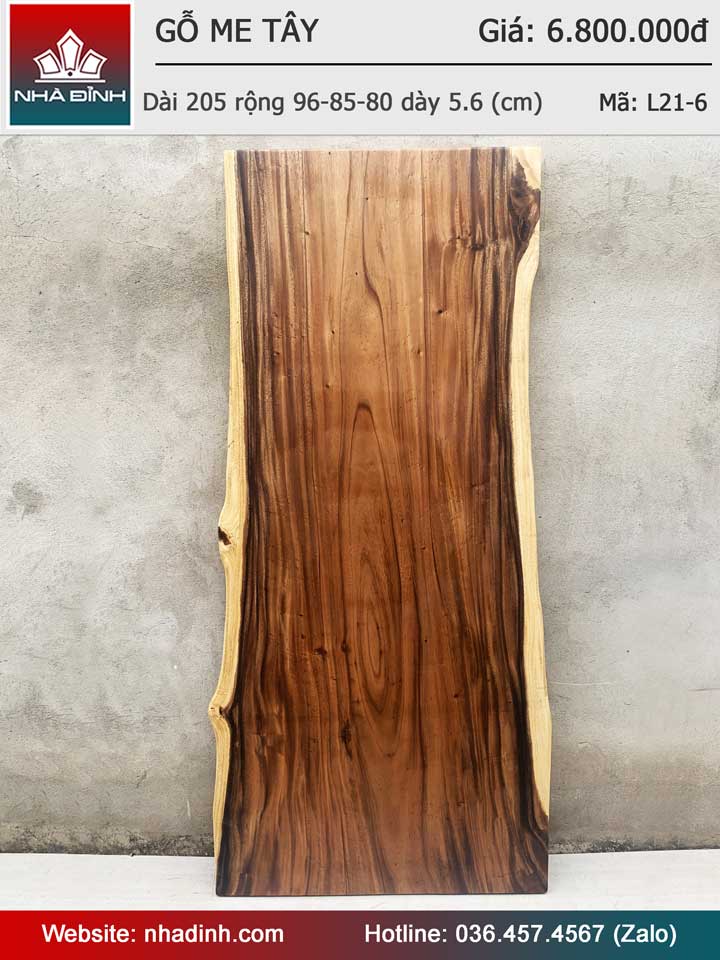 Mặt Bàn Dài Gỗ Me Tây Nguyên Khối Dài 205 Rộng 96-85-80 Dày 5.6 (cm)