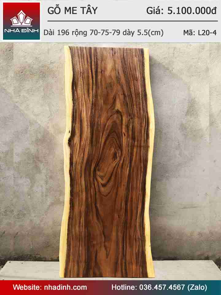Mặt Bàn Gỗ Me Tây Nguyên Khối Dài 196 Rộng 70-75-79 Dày 5.5 (cm)