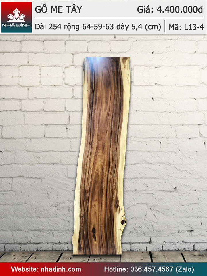 Mặt bàn gỗ Me Tây nguyên tấm dài 254 rộng 64-59-63 dày 5,4 (cm)
