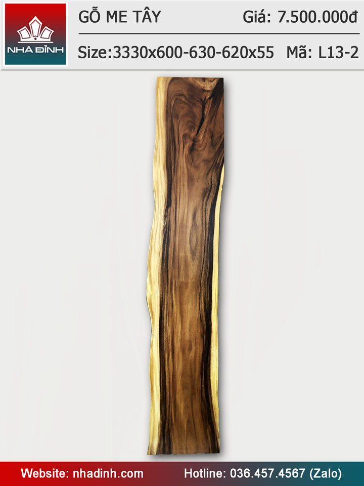 Mặt bàn gỗ Me Tây nguyên tấm dài 3330 rộng 600-630-620 dày 55 (mm)