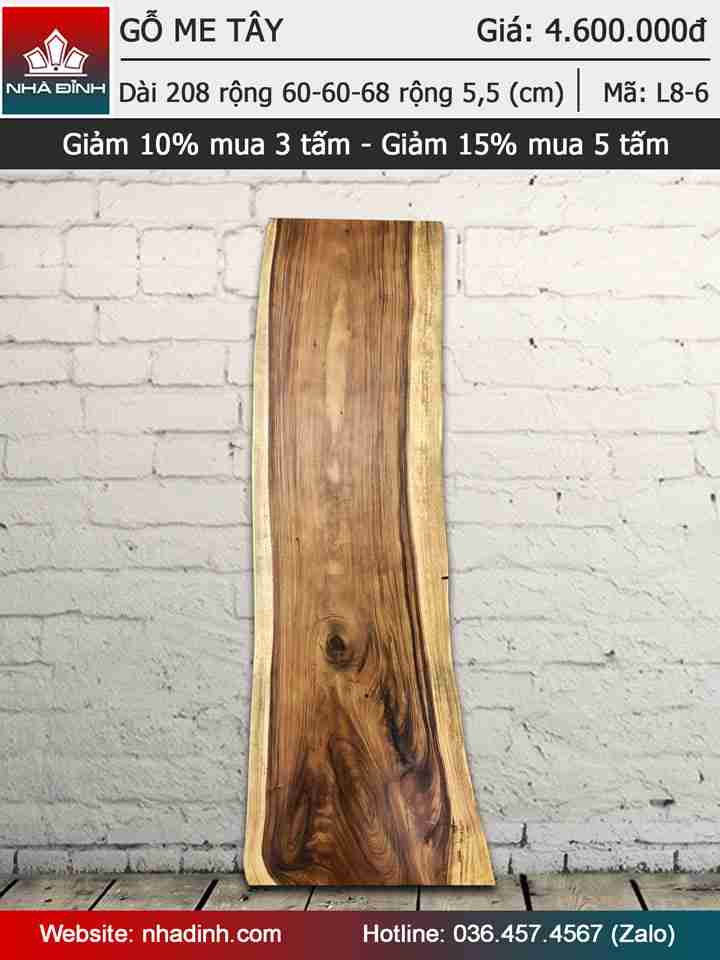 Mặt bàn gỗ Me Tây nguyên tấm dài 2m08 rộng 60-60-68 dày 5,5 (cm)