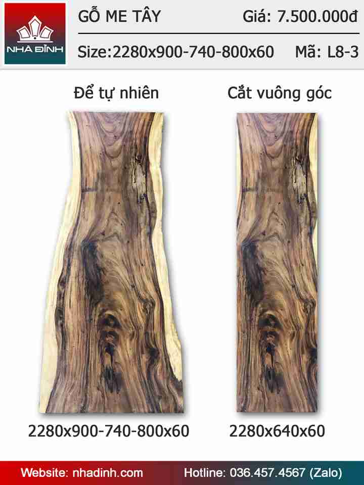 Mặt bàn gỗ Me Tây nguyên tấm dài 2m28 rộng 90-74-80 dày 6 (cm)