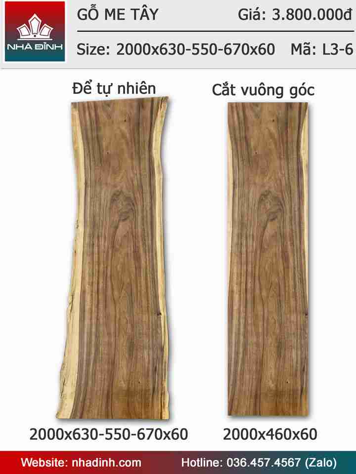 Mặt bàn gỗ Me Tây nguyên tấm dài 2m rộng 63-55-67 dày 6cm